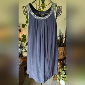 M M COUTURE BY MISS ME Dusty Blue Silk Dress Adorned with Silver Bead Accents M